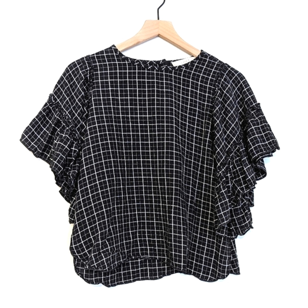 Loft Plaid Check Ruffle Sleeve Blouse size Small Petite